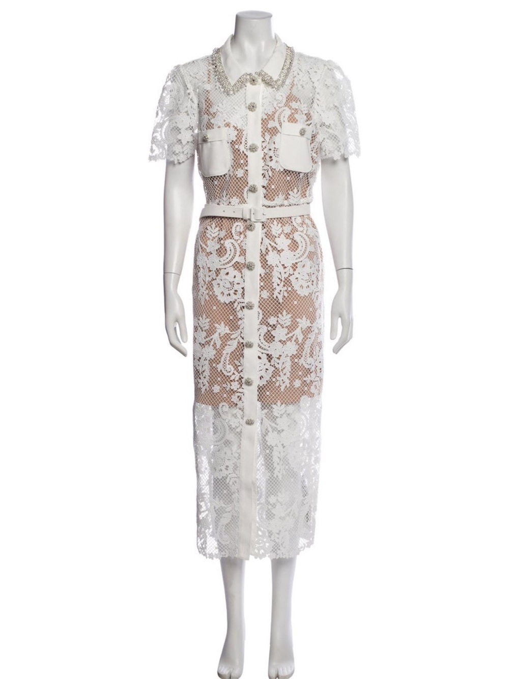 Self-Portrait White Lace Button-Front Midi Skirt